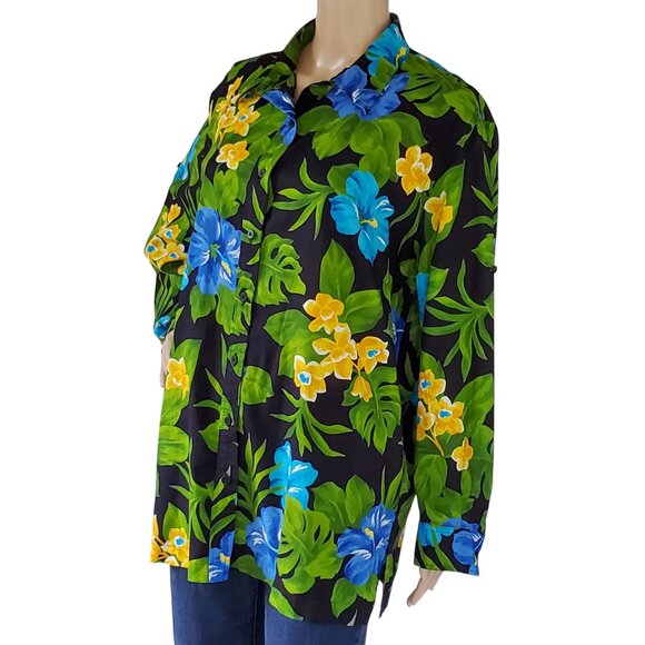JONES NEW YORK Tropical Floral Blouse Women's 1x Plus Button Tab Sleeve Cotton - Picture 9 of 16